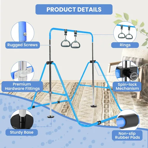 Vista 2 de Gymanstics - Barras para el hogar con anillos para niños y niñas, juego de regalo de entrenamiento de gimnasia, barra de entrenamiento plegable