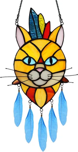 Vista 11 de BOXCASA Atrapasoles de Vidrio Emplomado Hecho a Mano de Gato Gris en Luna - Colgante Decorativo para Ventana para Amantes de los Gatos, Día