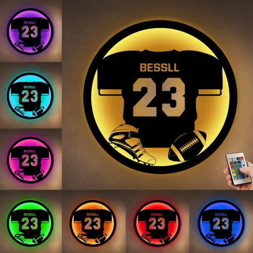Vista 18 de Letrero de metal de jersey deportivo personalizado con luz LED, nombre y número personalizado, letrero de neón con nombre personalizado, decoración