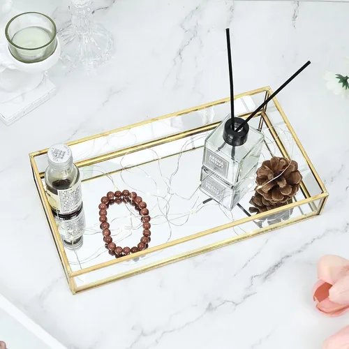 Vista 4 de HighFree Bandeja Rectangular de Espejo Dorado, Bandeja Decorativa de Vidrio con Espejo para Tocador para Perfume, Cosméticos, Maquillaje, Baratijas