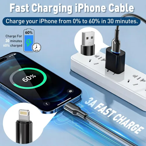 Vista 6 de Cable de carga para iPhone de 6 pies con certificación MFi para gatos y perros, cable Lightning trenzado de metal con carga rápida 3A, compatible