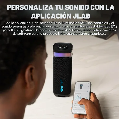 Vista 7 de JLab JBuds Party - Altavoz Bluetooth Portátil, 2 Controladores de Rango Completo + 2 Woofers Pasivos, IP56 Resistente al Agua, 12 Horas de Negro
