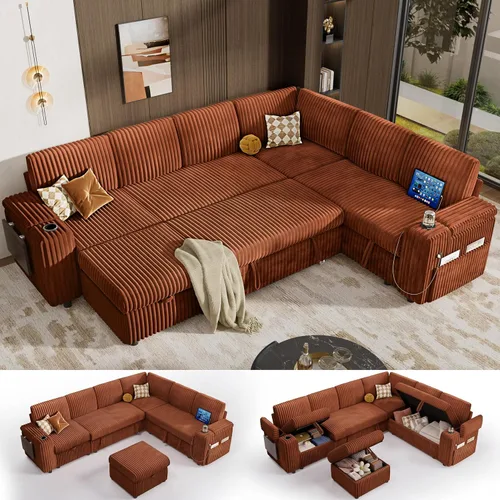 Vista 11 de Vipbear Sofá cama modular de 86 pulgadas con cama extraíble, sofá en forma de L de pana de felpa de 3 asientos con diván de almacenamiento, puertos