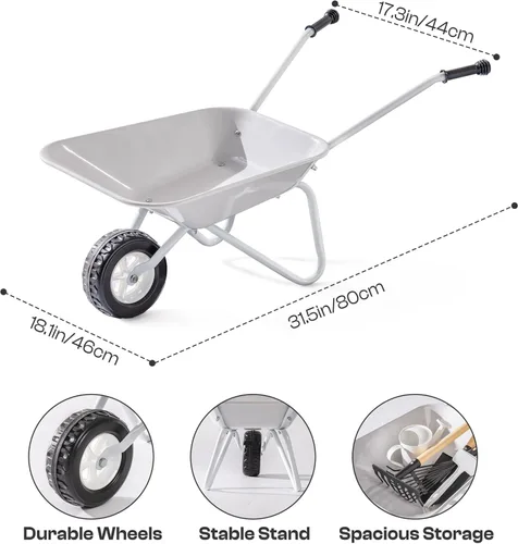 Vista 8 de ROBOTIME Carretilla para niños con juego de jardinería – Carretilla de metal para niños pequeños, juguete de juego al aire libre con herramientas