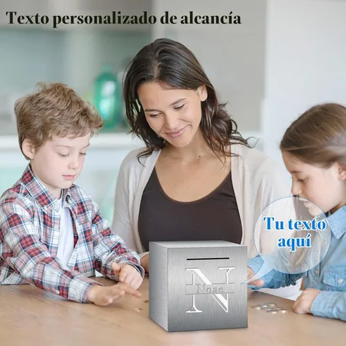 Vista 4 de Hucha de acero inoxidable grabada personalizada con nombre (4.7 pulgadas)