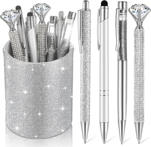 Vista 8 de Sabary 8 bolígrafos negros con soporte para bolígrafo para escritorio, con purpurina, diamantes de cristal, bonito soporte para lápices, organizador