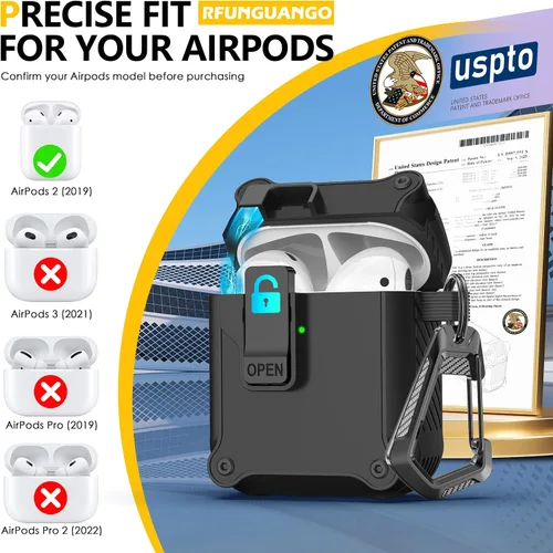 Vista 5 de RFUNGUANGO - Estuche protector para AirPods de 1ª y 2ª generación, con clip de bloqueo de seguridad, completo, a prueba de golpes, con llavero negro