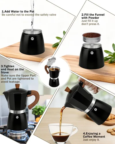 Vista 9 de Cafetera de café para estufa, cafetera de expreso de 3 tazas, olla de moka de aluminio, percolador de 5 oz 150 ml, fácil de preparar para estufas