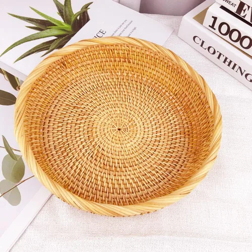Vista 4 de I-lan Cestas de pan redondas de 10 pulgadas con pared de 2 pulgadas, cesta de frutas de ratán con borde enrollado, cesta decorativa natural