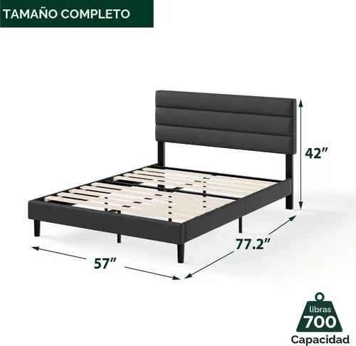 Vista 2 de Zinus Cama de plataforma tapizada Full Piper con cabecera con paneles horizontales, soporte de listones de madera, no necesita somier, fácil