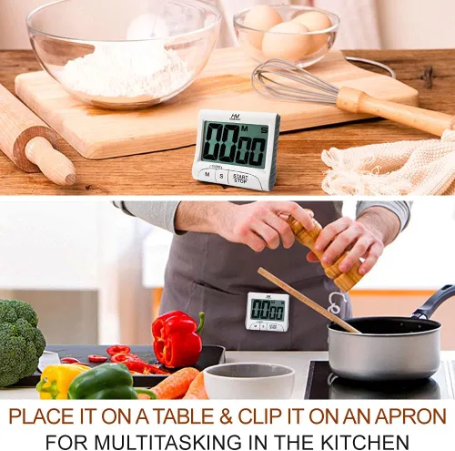 Vista 4 de Temporizador de cocina de pantalla grande de 3 pulgadas, temporizador digital, alarma magnética en una cuerda, temporizadores de cocina blancos