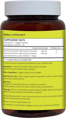 Vista 2 de HERBAL HILLS Cápsulas de melón amargo/calabaza amarga/Karela (Momordica Charantia) 120 unidades (900 mg) Lo mejor para la salud de los ojos