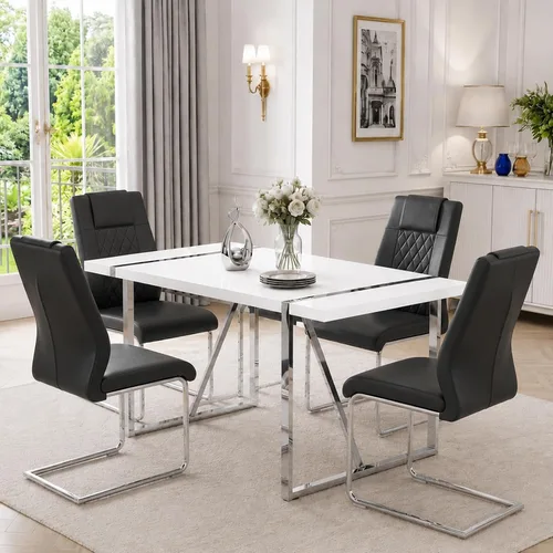 Vista 17 de Juego de mesa de comedor moderna de 55 pulgadas para 4, mesa de comedor negra y marco de metal dorado, mesa de comedor rectangular con 4 sillas