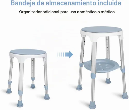 Vista 4 de Silla de ducha para ducha interior, taburete de ducha giratorio sin herramientas con bandeja de almacenamiento, silla de bañera ajustable y taburete