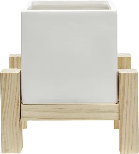 Vista 2 de Southern Patio Hemingway - Maceta cuadrada de cerámica para interiores con soporte de madera, color blanco