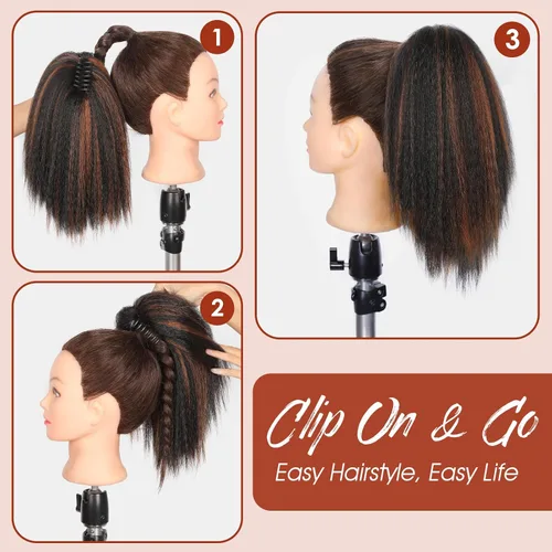 Vista 6 de WIGNEE Extensiones de cabello rizado tipo cola de caballo de 12 pulgadas, clip de garra, Yaki 1B/30, extensiones de cola de caballo para mujeres