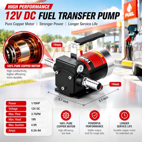 Vista 5 de TOPWAY Bomba de combustible de gasolina de 12 V CC, bomba de transferencia de aceite autocebante de 3.7 GPM con mango, bombeo reversible, protección