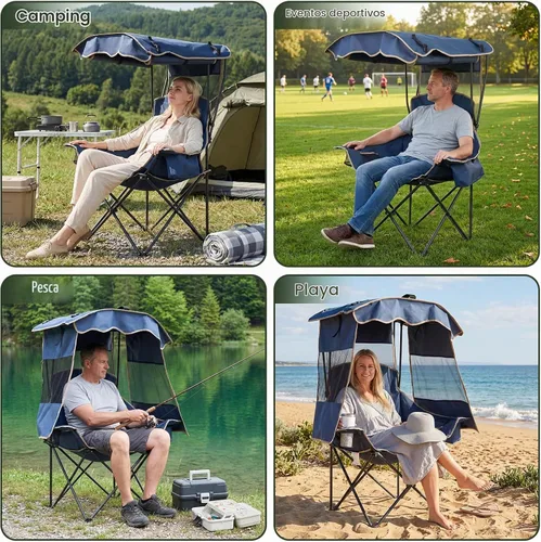 Vista 7 de DoCred Silla de playa con toldo plegable, portátil y plegable, con bolsa enfriadora y soporte para tazas, tumbonas de playa reclinables
