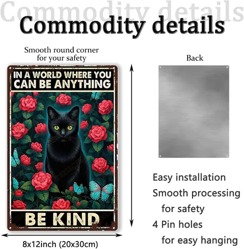 Vista 2 de TSEZLOJH Letrero de metal con diseño de gato negro en un mundo donde puedes ser cualquier cosa ser amable para decoración del hogar, 8 x 12 pulgadas