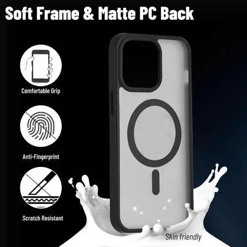 Vista 3 de Funda magnética para iPhone 15, fuerte protección contra caídas de grado militar con protector de pantalla, marco suave y parte trasera mate, a Negro