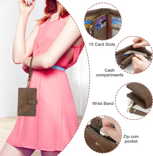 Vista 2 de Billeteras con bloqueo RFID para mujer, de gran capacidad, de cuero suave, cartera pequeña con correa para la muñeca, Marrón, Casual