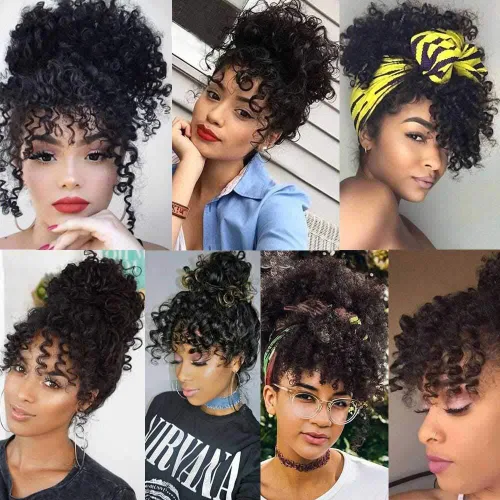 Vista 3 de Extensión de cola de caballo con cordón corto negro Afro Puff Kinky Curly Bangs Clip corto para mujeres peluca pieza
