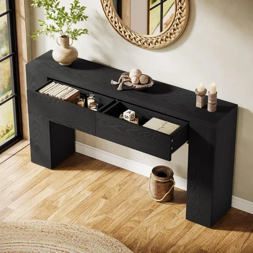 Vista 3 de Tribesigns Mesa consola de madera de 63 pulgadas con 2 cajones ocultos, mesa de sofá marrón rústico de granja para sala de estar, pasillo, entrada