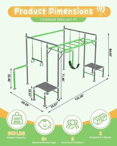 Vista 2 de Gimnasio de la Jungla al Aire Libre con Marco de Barras para Monos, Set de Escalada, Barra de Trapecio, Columpio de Cinturón, Barras de Gimnasia