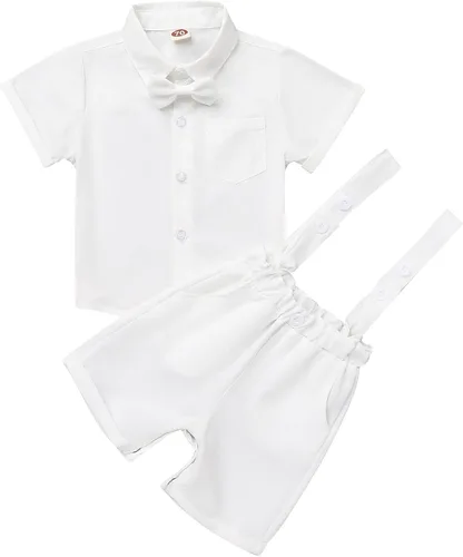 Vista 2 de Baby Boy Baptism Christening Outfit Bowtie Dress Shirt Suspenders Shorts Summer Wedding Party Formal Ring Bearer Suits