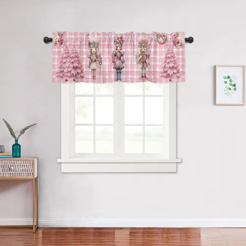 Vista 5 de Faldón de ventana con nueces rosas a cuadros, para cocina y sala de estar, 54" de ancho x 18" de largo