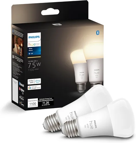 Vista 8 de Philips Hue Bombilla LED inteligente A19, luz blanca cálida de 2700 K, base E26, 10.5 W, 1100 lúmenes, regulable, funciona con Alexa, Google