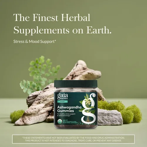 Vista 2 de Gaia Herbs Gomitas orgánicas de Ashwagandha – Apoyo al estrés* – Hechas con canela y jengibre – Sin gluten y veganas – 120 unidades (40 porciones)