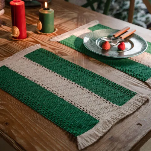 Vista 6 de Juego de 4 manteles individuales de mezcla de lino y algodón con borlas, estilo bohemio, macramé, Navidad, Acción de Gracias, rústico, para regalo