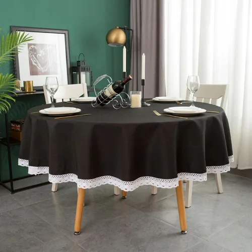 Vista 2 de EHouseHome Mantel de lino sintético con ribete de encaje, impermeable, a prueba de derrames, resistente a las manchas, sin arrugas, a prueba de Negro