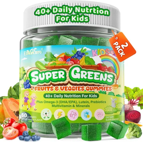 Vista 9 de Multivitaminas para niños + gomitas Super Greens para mayores de 4 años, con espirulina, clorella, espinacas, brócoli, calcio, omega-3 (DHA/EPA)