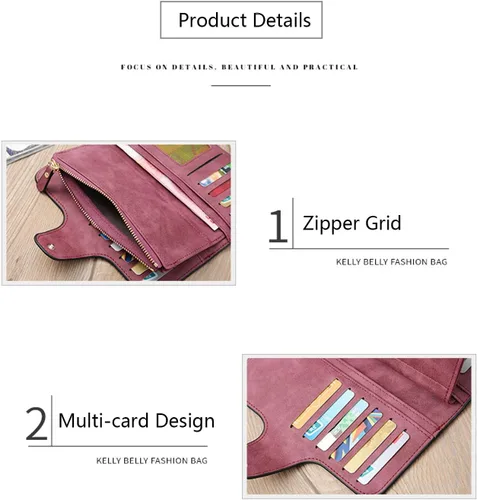 Vista 4 de Billetera para mujer, monedero esmerilado para mujer, multifuncional, larga, tarjetero, bolsa de viaje con cartera larga, Rosado, Cartera larga