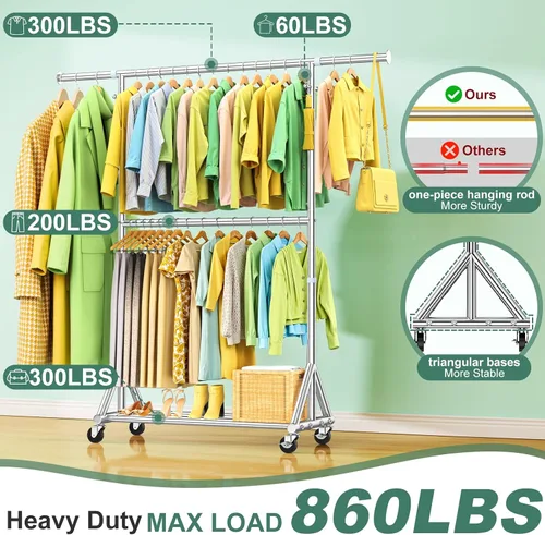 Vista 5 de Perchero de doble barra resistente con carga de 860 libras, percheros de ropa portátiles ajustables para colgar ropa, perchero rodante con ruedas
