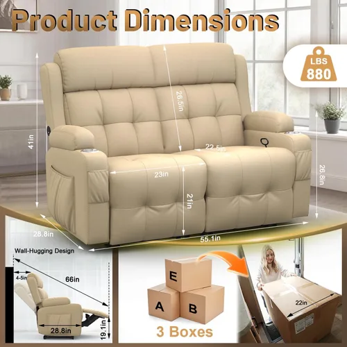 Vista 94 de Sofá de Dos Plazas Reclinable, Sofá Reclinable de Masaje con Gran Capacidad de Peso, Silla de Dos Plazas para RV en Liquidación con Consola, USB