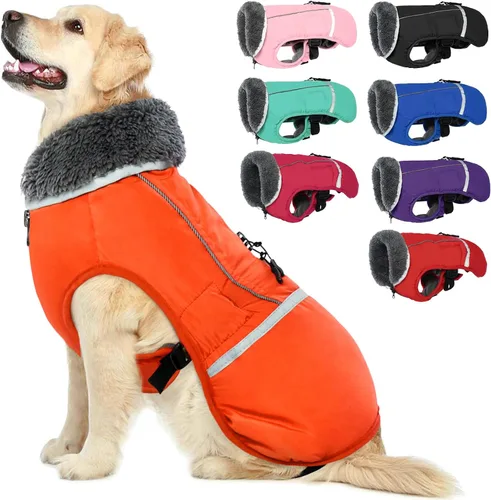 Vista 12 de QBLEEV Abrigo cálido para perro, chaqueta de invierno reflectante, impermeable, resistente al viento, ropa de cuello alto para perro para clima