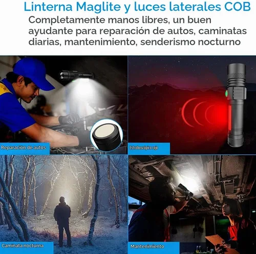 Vista 2 de Linterna recargable por USB, linternas magnéticas LED, linternas tácticas súper brillantes con luz lateral mazorca, impermeable, zoomable, 6 modos