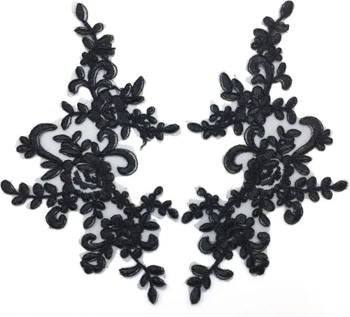 Vista 2 de PEPPERLONELY 1 par de parches de tela de encaje fino bordados adornos apliques decoración de vestido, negro, 10 x 6 pulgadas