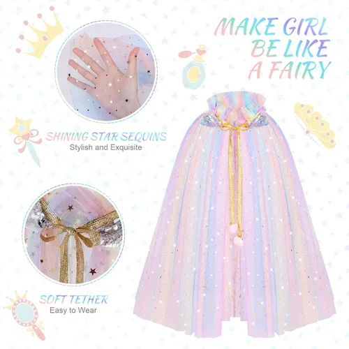 Vista 3 de AOOWU Capa de princesa para niñas, colorida capa de princesa con corona, disfraz de princesa Elsa elegante con lentejuelas brillantes de tul