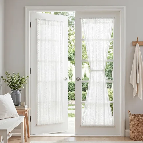 Vista 32 de MYSKY HOME Cortinas de encaje beige para puerta francesa de 40 pulgadas de largo, 2 paneles de cortinas florales bohemias transparentes para puerta