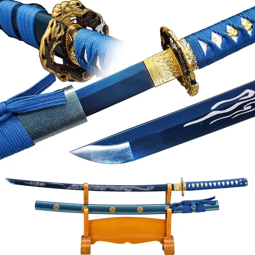 Vista 8 de Espada Katana samurái japonesa real hecha a mano 1045/1060/1095/T10 de acero al carbono templado con calor/arcilla, Dragon Tsuba, espiga completa