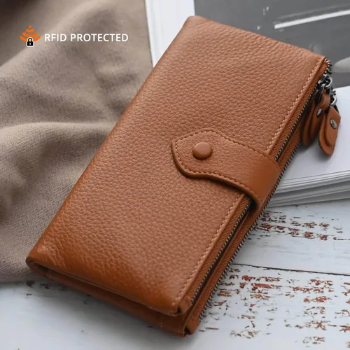 Vista 4 de Bveyzi Carteras delgadas de cuero suave para mujer, con bloqueo RFID, doble bolsillo con cremallera