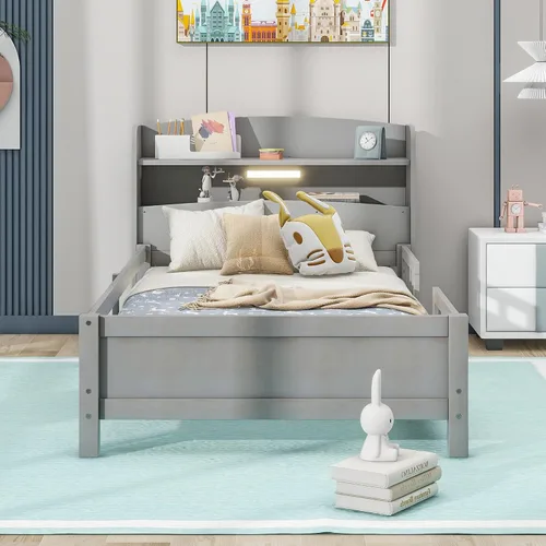 Vista 9 de Harper & Bright Designs Cama de plataforma de tamaño matrimonial con cabecera de almacenamiento, luz LED integrada y barandilla, marco de cama