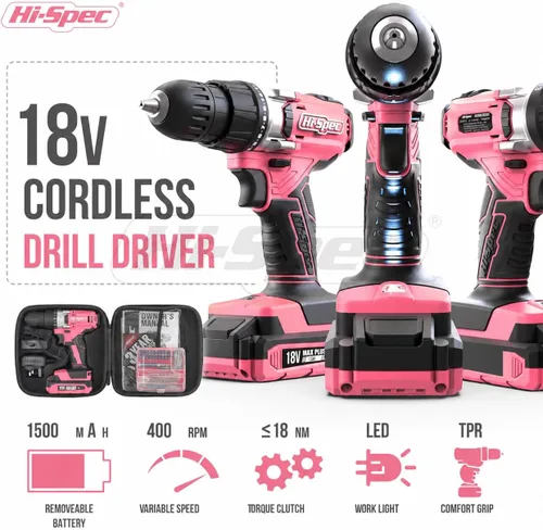 Vista 3 de Hi-Spec Juego de taladro inalámbrico rosa, taladro eléctrico de 18 V con batería y cargador, incluye juego de destornillador/brocas para madera