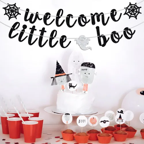 Vista 4 de Cartel de bienvenida Little Boo, Oh Baby, tema de Halloween, espeluznante baby shower, revelación de género, suministros de decoración de fiesta AF