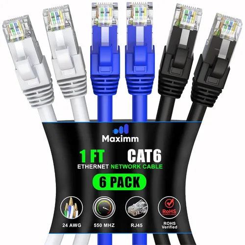 Vista 73 de Maximm Cable Ethernet Cat 6 de 0.6 pies (paquete de 6) – Cable LAN de alta velocidad, cable de Internet, cable de conexión y cable de red – UTP