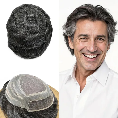 Vista 9 de Toupee - Piezas de pelo para hombres, cabello humano real, sistema de reemplazo de cabello francés, encaje francés, extensiones de cabello
